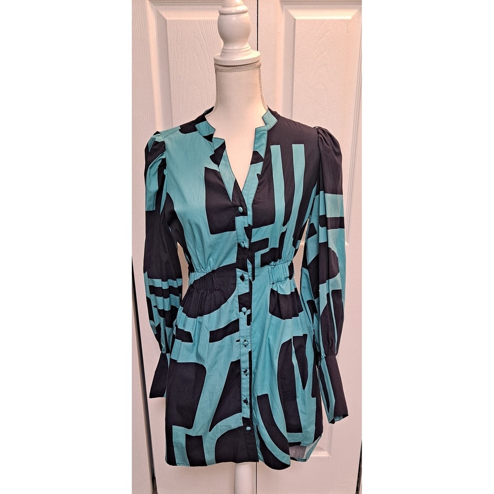 NWT S Hutch Dress Navy Turquoise Geometric Design Long Sleeve French‎ Cuff